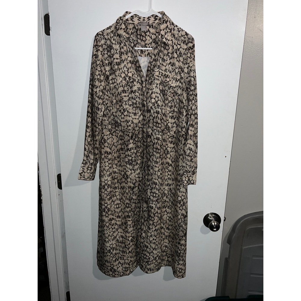 HM Women Large Neutral Animal Print Long Sleeve Button Down Midi Shirt Dress
